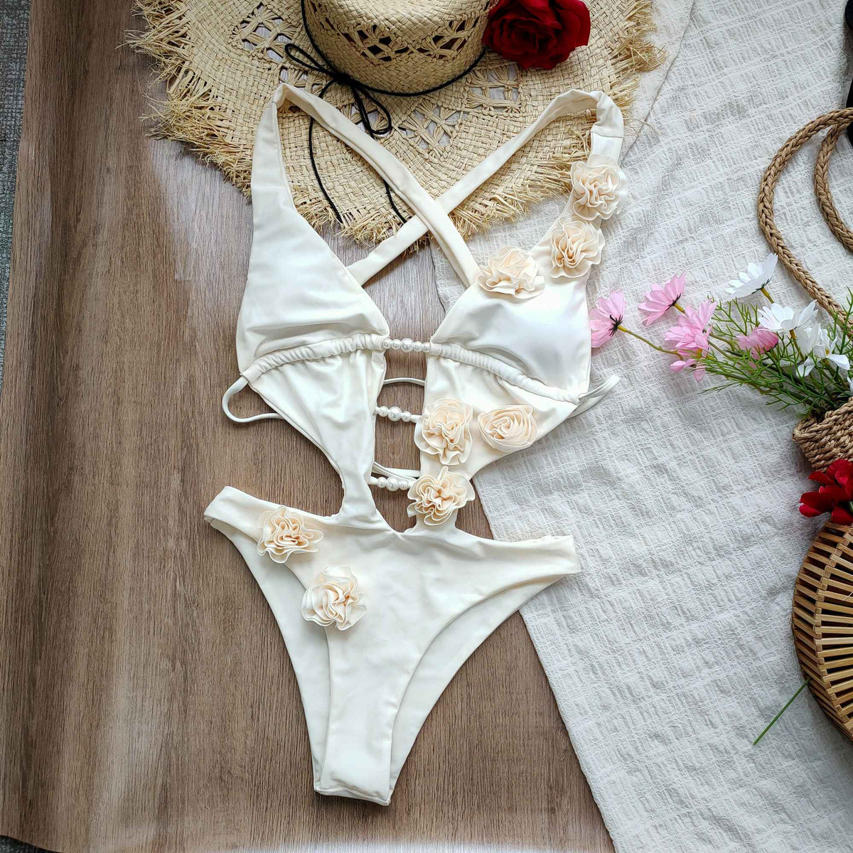 2025 New 3D Flowers One Piece Swimsuit Women Solid Sexy Hollow Out Swimwear Tropical Summer Beachwear Bathing Suit Bodysuit