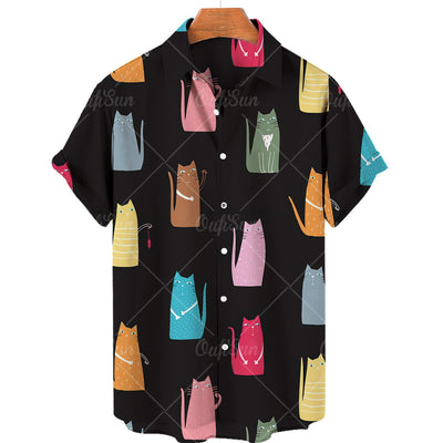 2024 Cat Pattern Hot Sale 3D Printed Hawaiian Shirt Men's Vacation Beach Short Sleeve Fashion Large Size Affordable Good Top