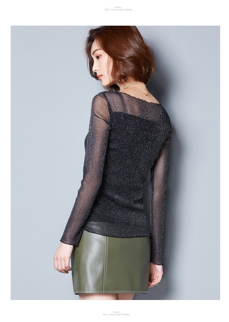 2025 Glitter Mesh Blouse Sexy Womens Shirts Long Sleeve Tops Korean Black Pink O-Neck Elegant Slim Blouse Camisas Femininas