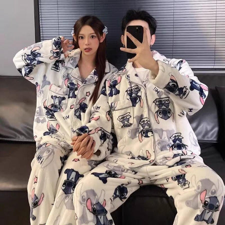 2Pcs Couple Plush Pajamas Suit Cute Disney Stitch Anime Man Woman Homewar Long Sleeve Pants Winter Cartoon Thicken Sleepwear