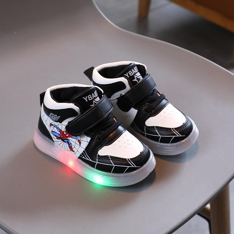 Disney Children's Sneakers Boys Girls Spiderman Led Light Sport Shoes Student Shoes Hook Anti-slip Kids Outdoor Basket Shoes