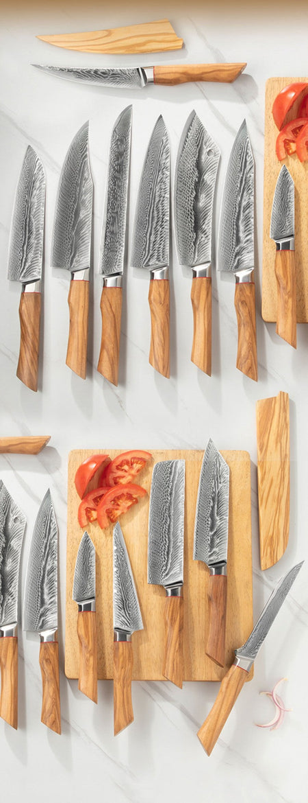 67-LAY Damascus Kitchen chef knife Set,Japanese Santoku Nakiri Knife Utility Knife Boning Knife,Cooking knife Olive wood HD