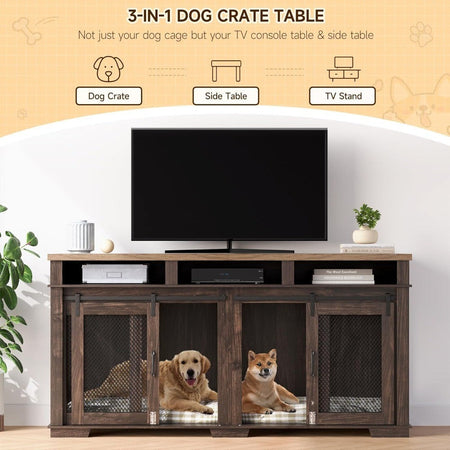 71" Dog Crate Furniture for 2 Dogs, Dog Kennel with 3 Storage Drawers & Removable Divider, Extra Large Double Dog Cage As TV Sta