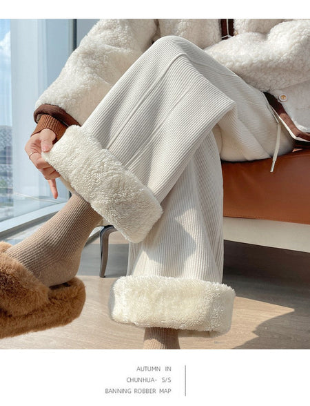 High Waist Warm Trousers Fashion Winter Fleece Thickened Women's Pants Solid Color Loose Elastic Waist Straight Casual Pants