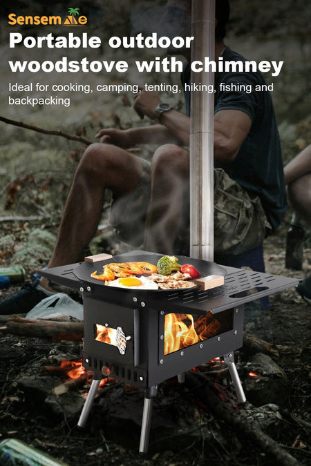 Hot Tent Wood Burning Stove Folding Stainless Steel 5-Section Chimney Outdoor Camping Wood Heater with Cooking Wing Panels