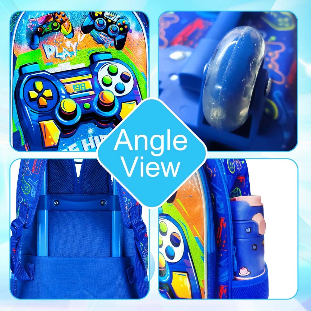 3PCS Rolling Backpack for Boys, Kids Roller Bookbag with Wheels, Gamer Wheeled School Backpack for Elementary Preschool Kinderga