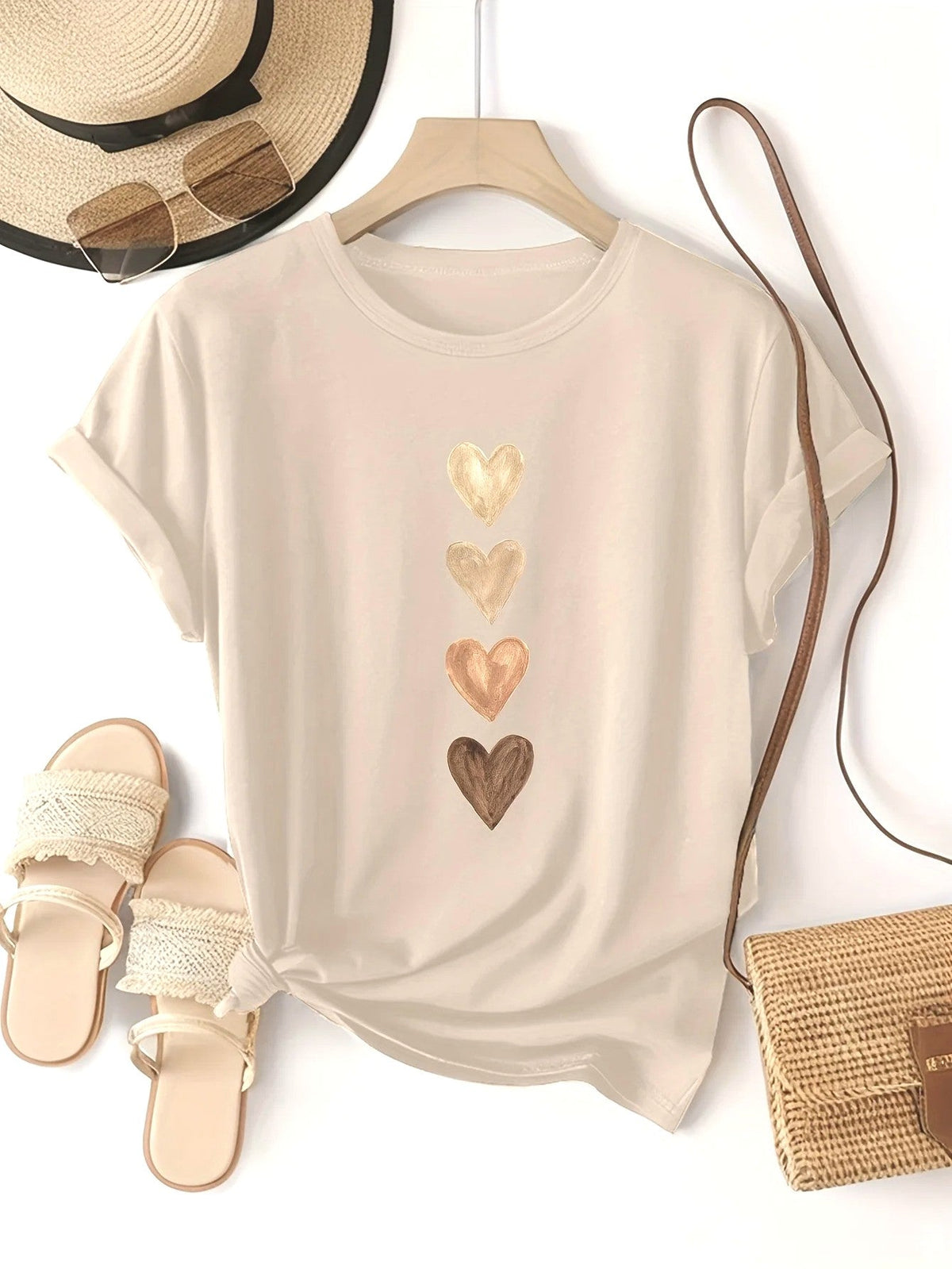Women's Casual Short Sleeve T-Shirt with Four Heart Graphic Print - Black & Golden Medium Stretch Round Neck Novelty T-Shirt