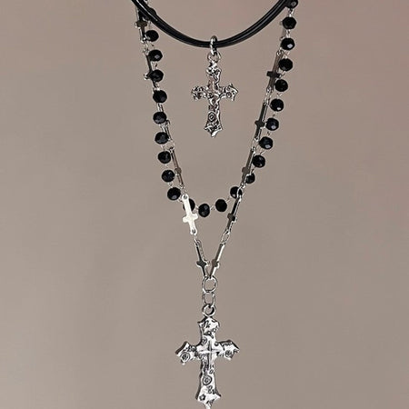 Gothic Punk Y2K Black Cross Pendant Necklace for Women Men 2025 Vintage Multi Layer Bead Necklaces 90s EMO Charm Jewelry Gifts
