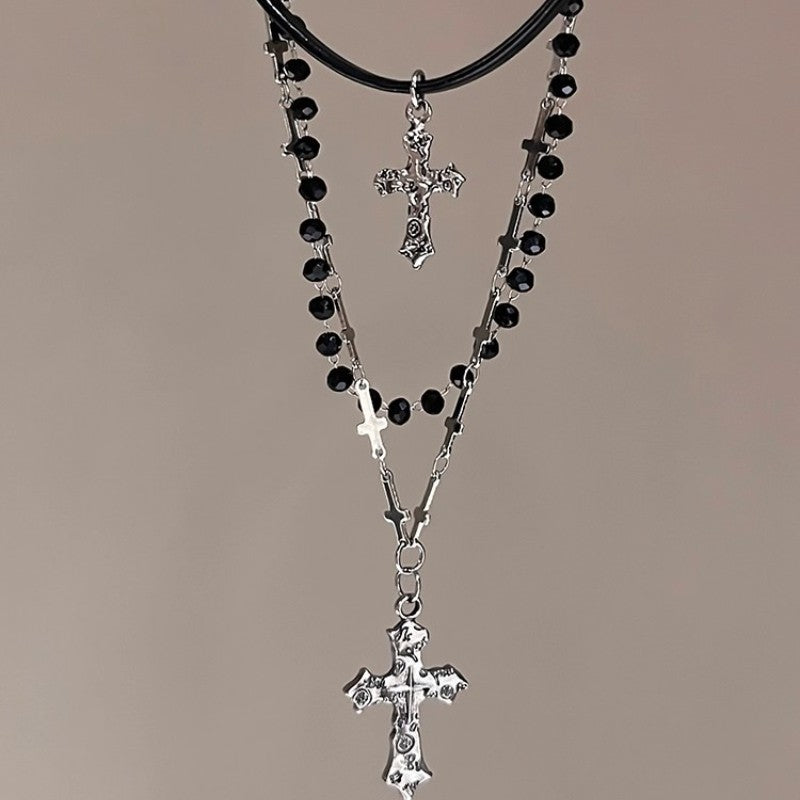 Gothic Punk Y2K Black Cross Pendant Necklace for Women Men 2025 Vintage Multi Layer Bead Necklaces 90s EMO Charm Jewelry Gifts
