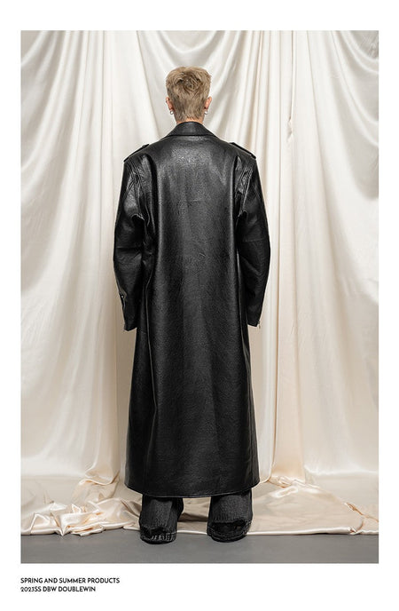 Mauroicardi Spring Autumn Oversized Cool Extra Long Black Pu Leather Trench Coat Men Zipper Loose Luxury European Fashion 2023