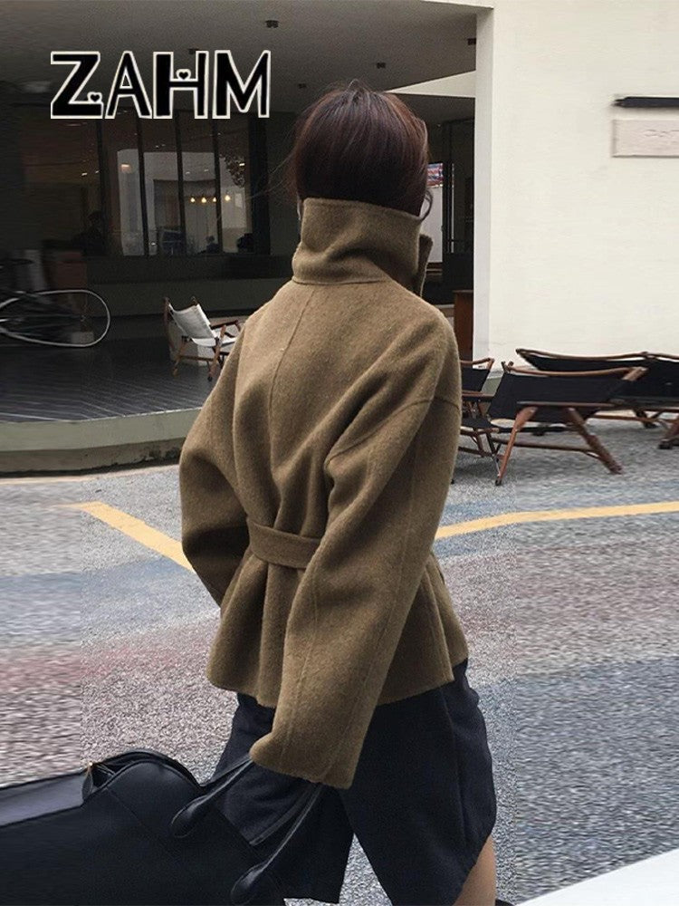Woolen Solid Women Coat Fashion Belt Patchwork Lace Up Full Sleeve Lapel Lady Jacket 2025 Autumn Winter Female Loose Streetwear