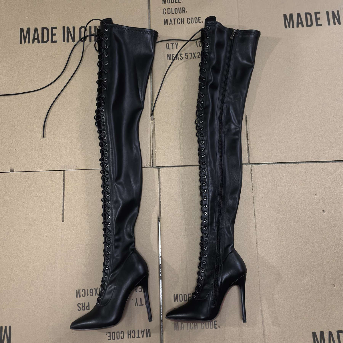13CM Thin Heel Black Lace-up Over the knee Boots Woman Fetish Pointy Toe Boots Elastic Leather Thigh High Sexy Women Party Shoes