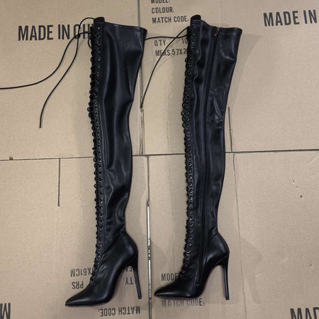 13CM Thin Heel Black Lace-up Over the knee Boots Woman Fetish Pointy Toe Boots Elastic Leather Thigh High Sexy Women Party Shoes