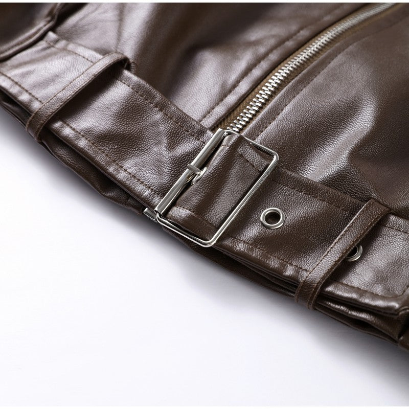 Street Stand Collar Women's Leather Jacket Loose Long Sleeve Zipper Pockets Chic Female Coats 2025 Autumn Winter Lady Outerwear