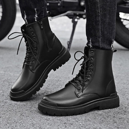 Black Men's Casual Leather Boots Fashion Winter Men Work Boot Mens Shoes Non-slip Designer High Top Ankle Boots Motorcycle Shoes
