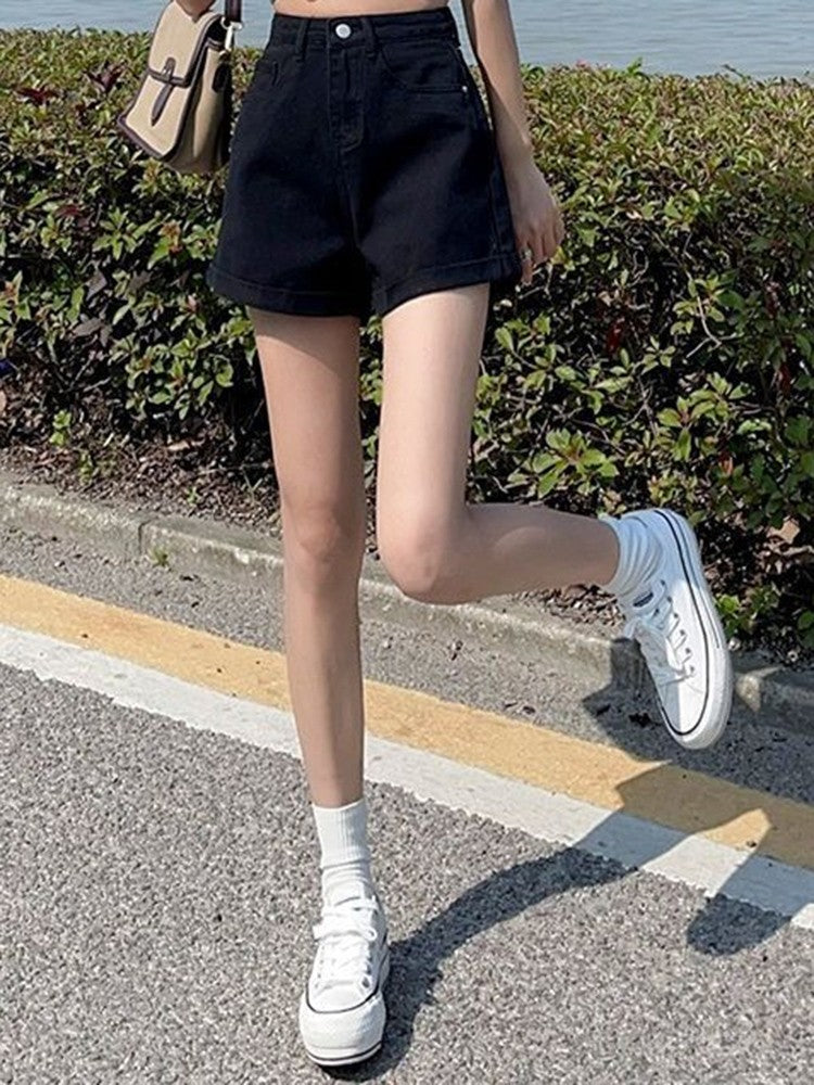 Summer 2024 New Women Rolled Edge Hot Denim Shorts Lady Korean Mini Pants Girls Elastic Blue Black Black Gray A Line Short Jeans