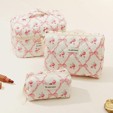 Cute Bow Flower Cloth Handbag Quilting Cotton Makeup Bag Women Zipper Cosmetic Organizer Portable Toiletry Case for Girls