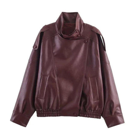 Street Stand Collar Women's Leather Jacket Loose Long Sleeve Zipper Pockets Chic Female Coats 2025 Autumn Winter Lady Outerwear