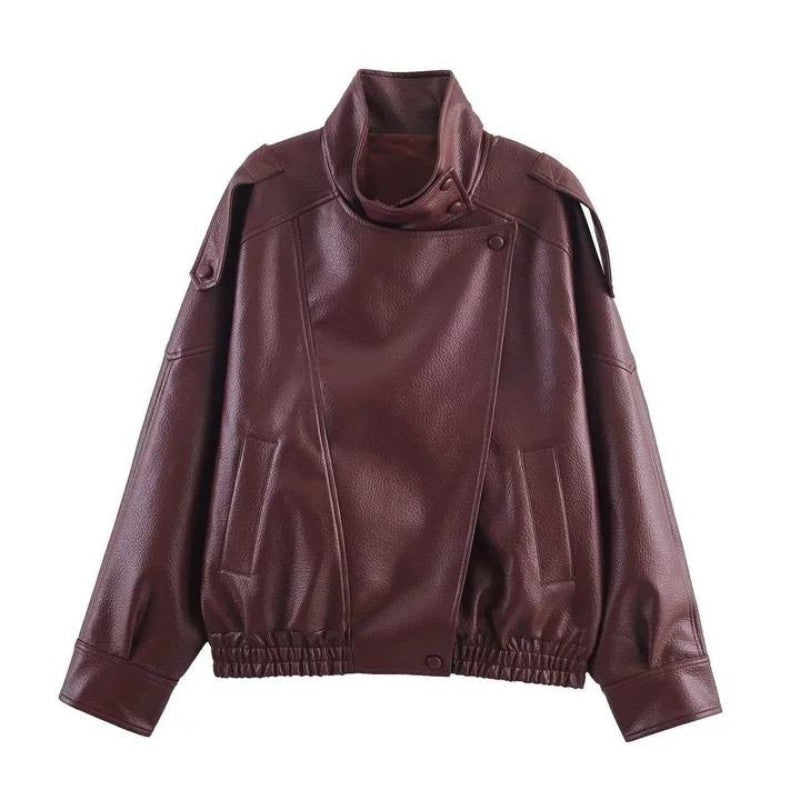 Street Stand Collar Women's Leather Jacket Loose Long Sleeve Zipper Pockets Chic Female Coats 2025 Autumn Winter Lady Outerwear