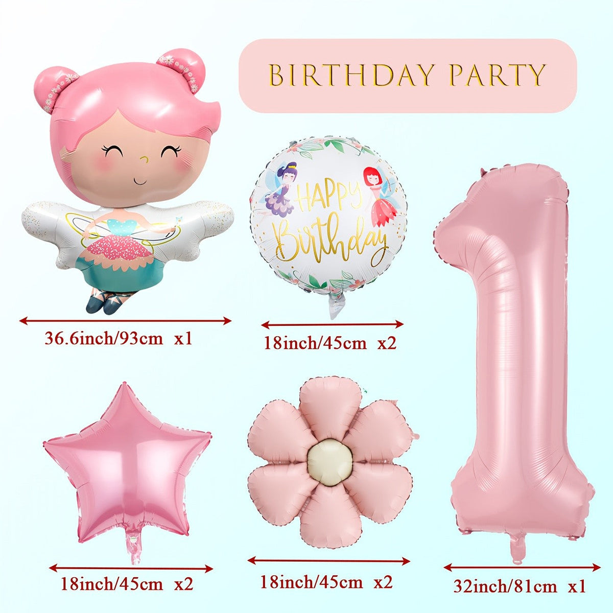 Cute Butterfly Fairy Theme Princess Birthday Foil Balloons Pink Wing Fairy Rainbow Balloons 4th Birthday Party Decorats