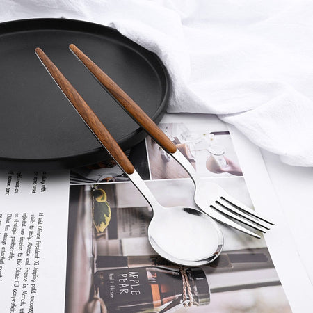 16/24/36Pcs Dinnerware Set Stainless Steel Imitation Wooden Handle Clamp Western Knife Fork Spoon Cutlery Tableware Silverware