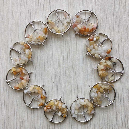 Natural Amethysts Roses Quartz Stone Handmade Wire Wrapped Tree of Life Pendants 30mm for Jewelry Marking Wholesale 12pcs/lot
