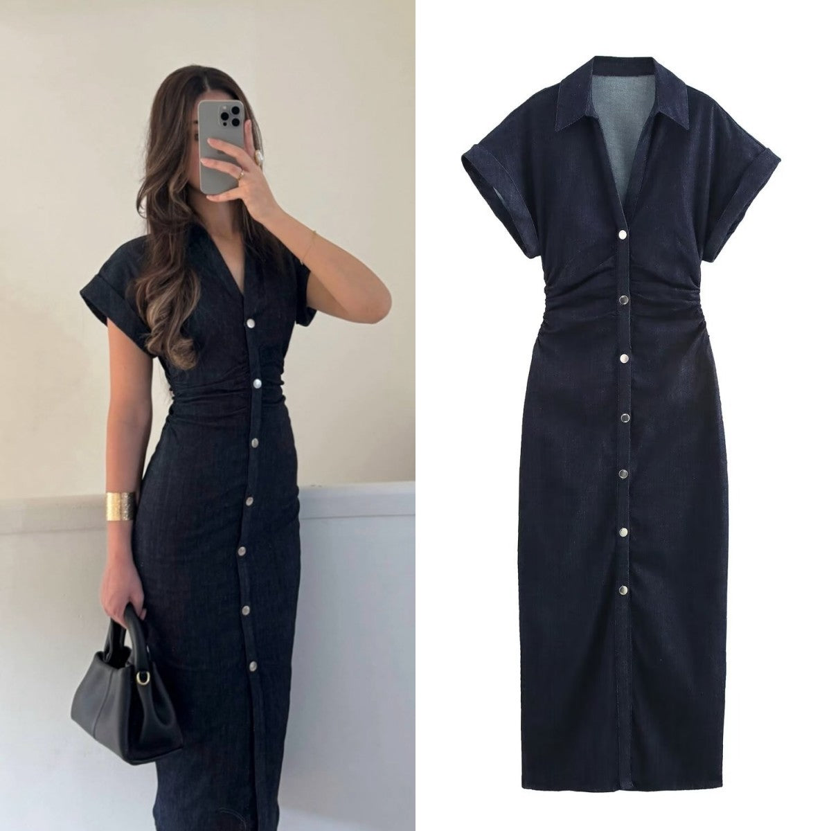 ETJ 2025  Spring New 1975 series denim MIDI dress with lapel side zipper fashion wrinkle waist slim elegant dress