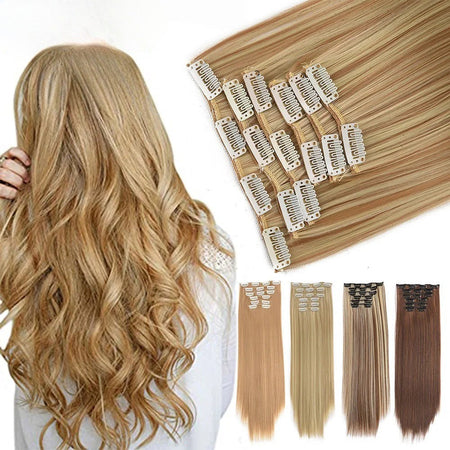 16 Clips in Hair Extensions 24Inchs Long Straight Hairstyle Synthetic Blonde Black Hairpieces Heat Resistant Fake Hair 6Pcs/Set