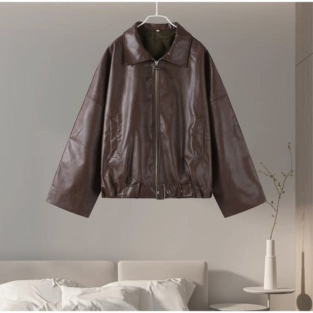 Street Stand Collar Women's Leather Jacket Loose Long Sleeve Zipper Pockets Chic Female Coats 2025 Autumn Winter Lady Outerwear