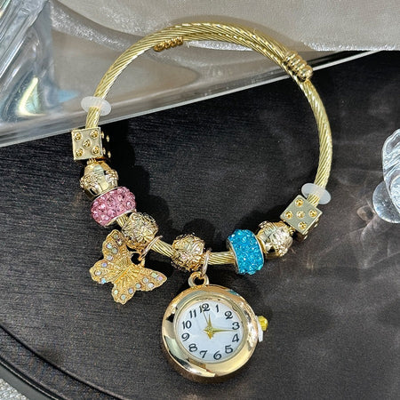 Cross-border Gold Bracelet Watch Adjustable opening Alloy bracelet Quartz Watch Beaded Small flower bracelet Watch