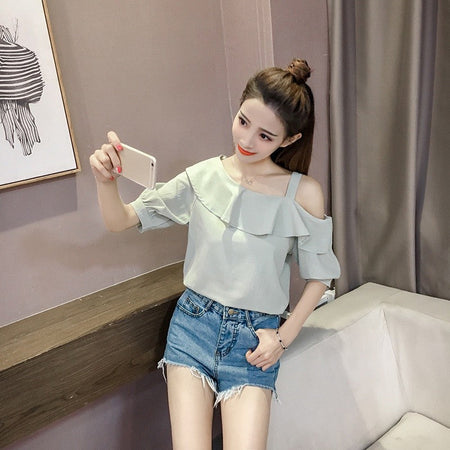 Women's Shirt Tops Fashion One-Shoulder Ruffles Short-sleeved Tops Chiffon Tops S-XXL