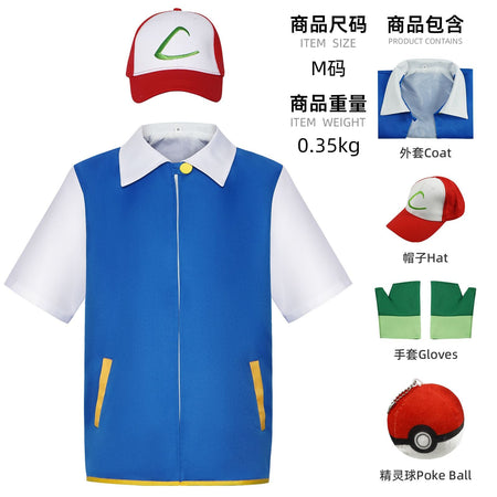 Men's Anime Trainer Cosplay Costume, Adult Ash Ketchum Outfit with Blue Jacket, Cap and Gloves, Unisex Halloween Party Disfraz