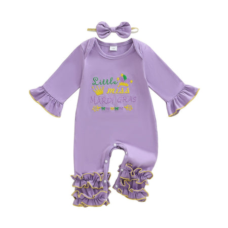 Suefunskry Baby Girl Mardi Gras Themed Romper Letter Crown Embroidery Long Sleeve Round Neck Jumpsuit with Bow Headband