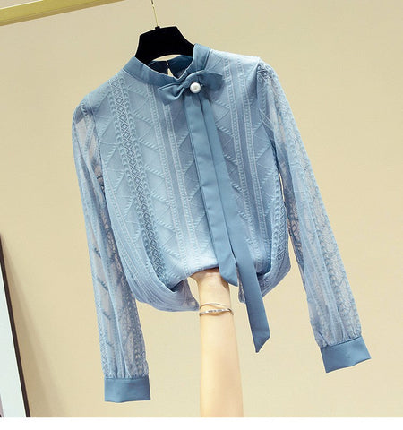 Women Blouse Shirt New Long Sleeve Stand Collar Elegant Lace-up Blouse Shirt Women Tops Blouses Shirts Blusas Camisas 2025 Q687