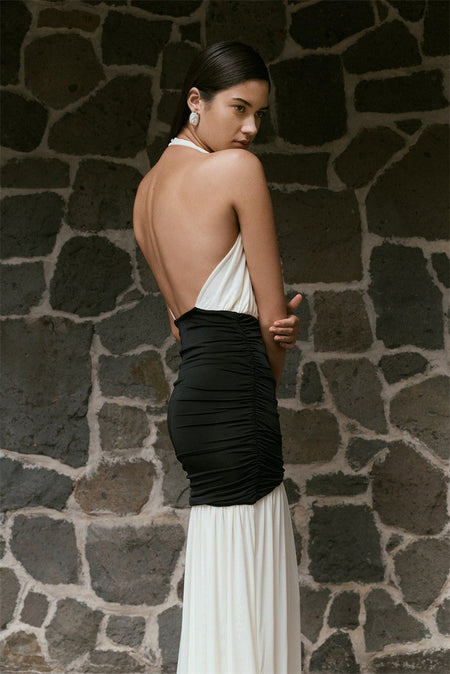 Mozision Patchwork Halter Backless Sexy Maxi Dress Women Gown Elegant Deep V Neck Sleeveless High Waist Bodycon Club Party Dress