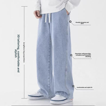 Casual Outdoor Men's Jeans Elastic Waist Loose Fit Long Pants Spring Autumn Workwear Comfortable Straight Leg Blue Denim