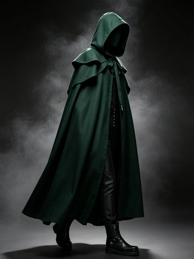 Medieval Vintage Hooded Long Cos Cloak, Dark Green Double Lapel Tie Cape, Unisex Ranger Hunter Wizard Role Play Costume, Retro Gothic Cosplay Coat for Halloween Stage Performance