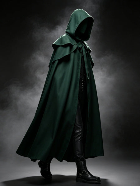 Medieval Vintage Hooded Long Cos Cloak, Dark Green Double Lapel Tie Cape, Unisex Ranger Hunter Wizard Role Play Costume, Retro Gothic Cosplay Coat for Halloween Stage Performance