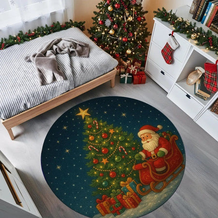 Round Christmas Carpet Festive Area Rug Non-Slip Wear-resistant Circle Carpet for Living Room Bedroom Soft Floor Mat Home Decor