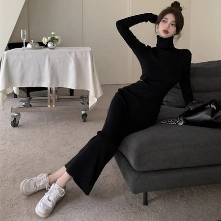 Sexy Black Turtleneck Knitted Bodycon Dress Women Autumn Winter Long Sleeve Sweater Dress Woman Korean Bottoming Long Dresses
