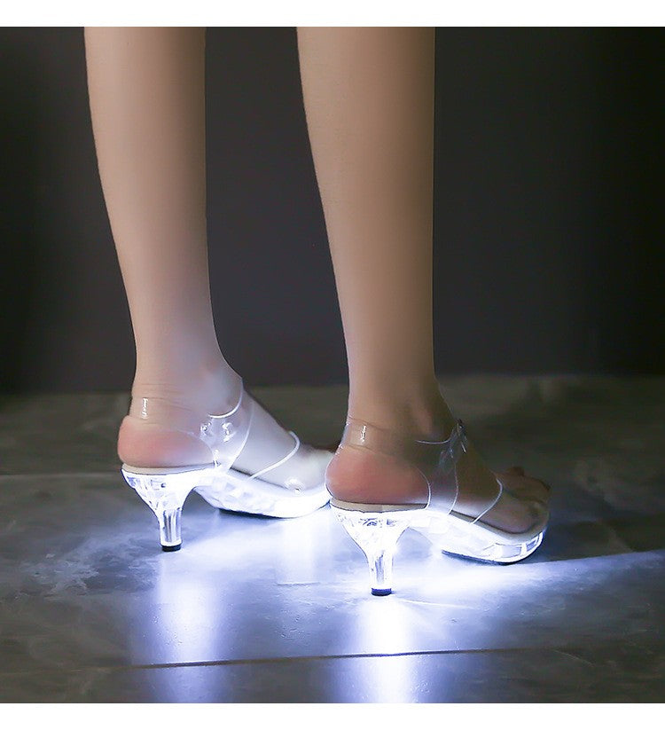 6CM Women's Kitten Heels Slides LED Light Sandals Nightclub Slim Heel Transparent Crystal Outside Slippers Tourist Beach Shoes