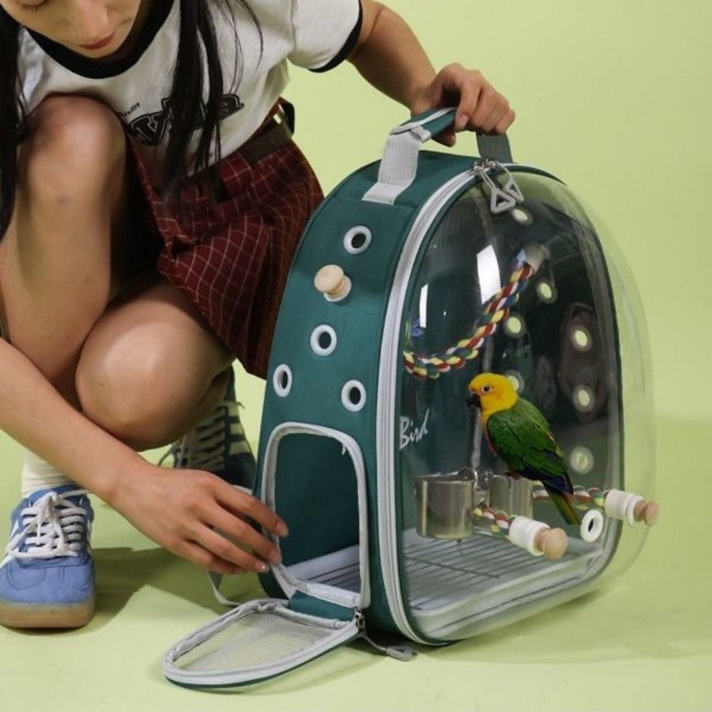 Portable Bird Carrier Bird Backpack with Perch Rope and Tray for Parrot Parakeet Macaw Cockatiel Acrylic Pet Cage Birds Bag