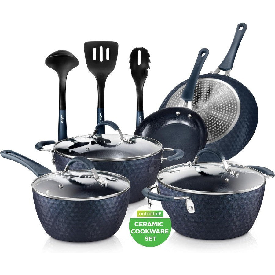 11 Pc Blue Diamond Nonstick Ceramic Cookware Set Durable Pots and Pans with CoolTouch Handles Lids Utensils