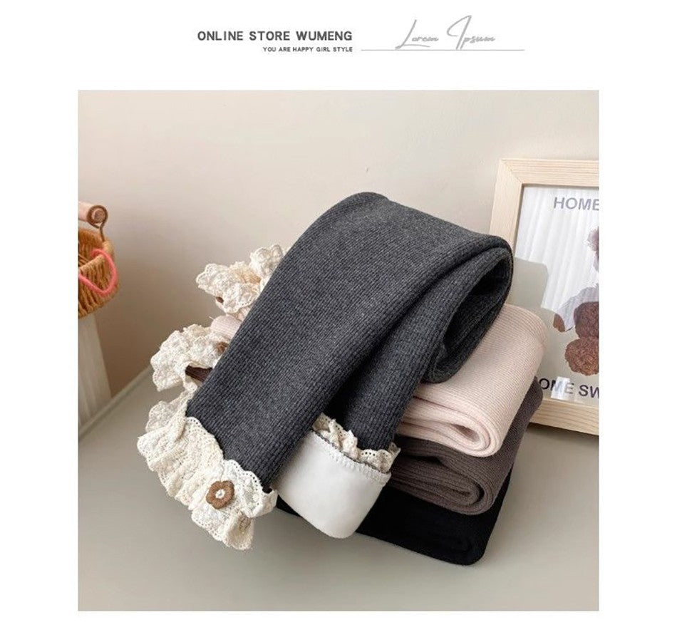 Girls Fleece Lined Leggings Children Fashion Lace Trim Slim Fit Thermal Pants Kids Winter Warm Outwear Casual Clothes