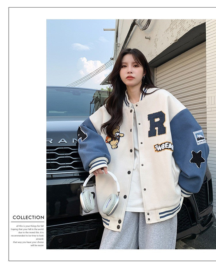 New Autumn and Winter Padded Baseball Jersey Women American Retro Loose Sweater Women Jacket