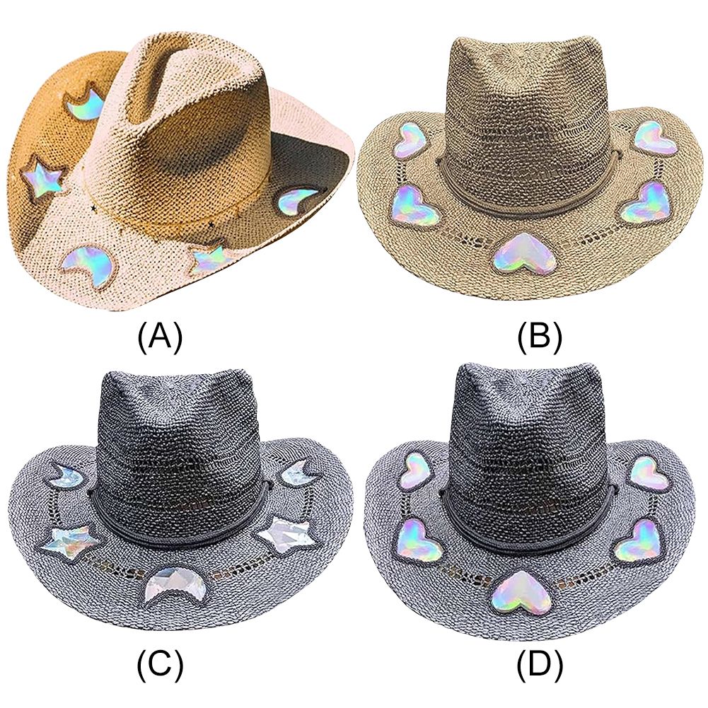 Suncatcher Cowgirl Straw Prism Hat Cowboy Hat Handmade Weave Women Straw Cap Wide Brim Women's Fashion Sun Hat for Summer Beach