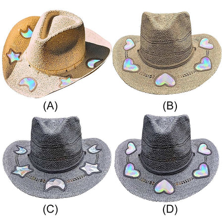 Suncatcher Cowgirl Straw Prism Hat Cowboy Hat Handmade Weave Women Straw Cap Wide Brim Women's Fashion Sun Hat for Summer Beach