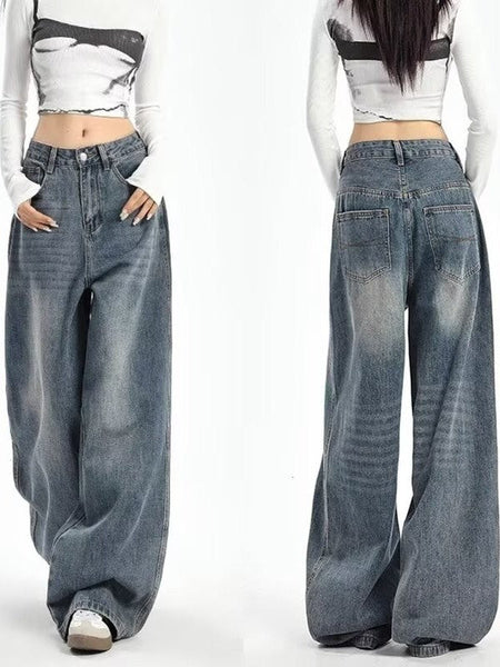 Retro High Waist Wide Leg Jeans Women Summer New plus Size Loose Slimming Pear ape Straight Leg Pants Casual Waed Blue