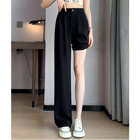 Women Full Length Pants Lady Baggy High Waist Wide Leg Solid Color Trousers Lady Straight Leg Mom Classic Office Pants Slacks