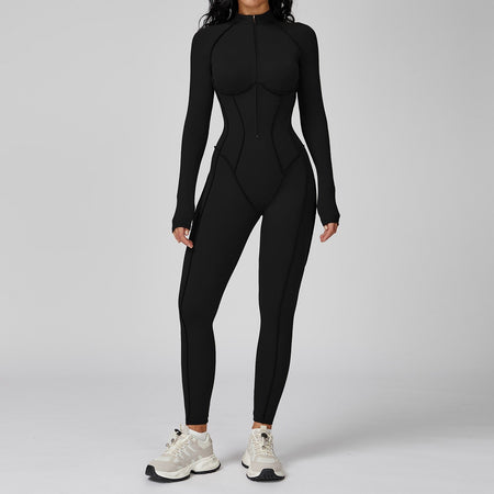 Women's Yoga Jumpsuit Long Sleeved Stand Collar Half Zip High-Intensity Workout One Piece Contrast Color Gym Fitness BodySuit